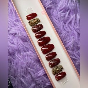 red & gold reflective rhinestones nails